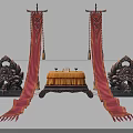 Ancient Weapon Decorative Setup with Red Gold Embroidered Banners Black Carvings and Yellow Cushion
