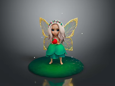 Game Movie Fairy Character With Golden Wings Flower Crown Green Dress And Red Strawberry 3d model