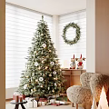 Cozy Recreation Room Interior With Decorated Christmas Tree Wreath Reindeer Figurines And Plush Chair