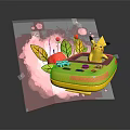 Pikachu Doll Sitting On Yellow Game Console With Red Splash Background Leaves And Berries