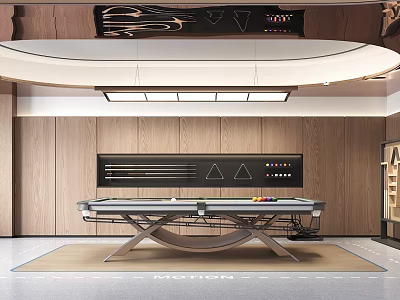 Modern Billiards Room Interior With Wooden Panel Walls And Stylish Ceiling Design 3d model