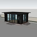 Modern Black Pavilion With Glass Curtain Walls And Metal Frames Stone Steps And Greenery