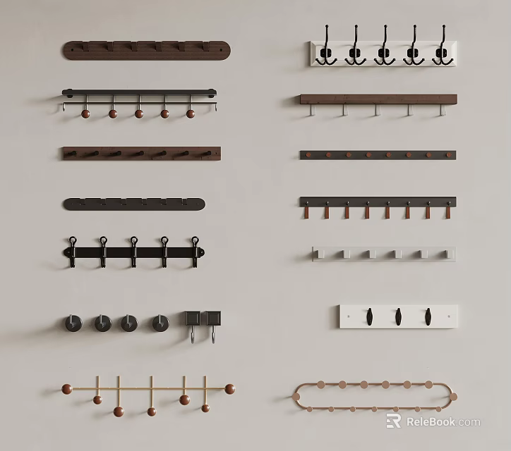 Various Wall Mounted Hooks And Hangers In Multiple Styles For Home Storage Solutions 3d model