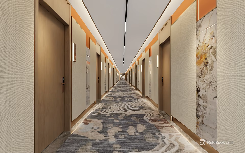 Elegant Modern Elevator Hallway Interior With Wooden Doors And Patterned Carpet 3d model 