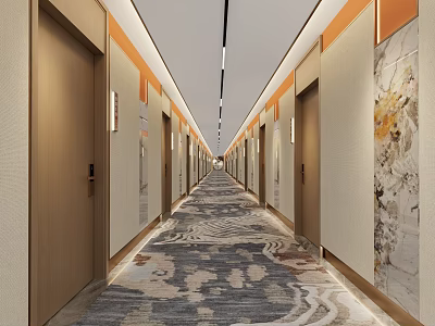 Elegant Modern Elevator Hallway Interior With Wooden Doors And Patterned Carpet 3d model
