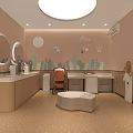 Pink Themed Baby Care Room With Round Mirrors Cartoon Decor And Changing Station