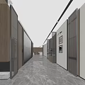 Modern Office Corridor Design With Glass Partitions Wooden Elements Recessed Lighting And Marble Flooring