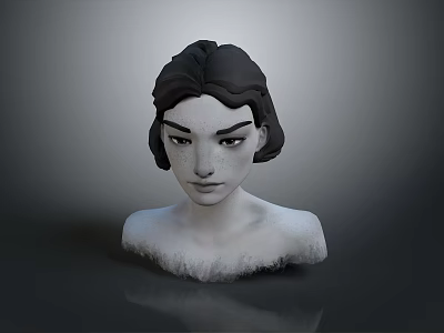 3D Female Character Bust Model With Black Hair Fur Shoulders And Gray Background 3d model