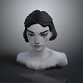 3D Female Character Bust Model With Black Hair Fur Shoulders And Gray Background