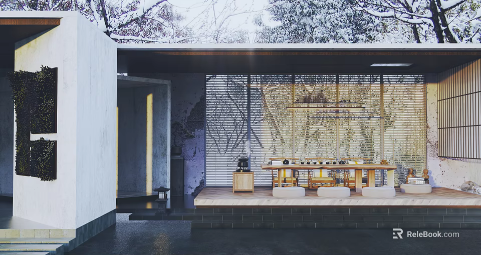 Elegant Modern Tea Room Interior With Courtyard Snowy Scene And Floor-to-Ceiling Windows 3d model 