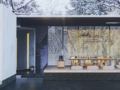 Elegant Modern Tea Room Interior With Courtyard Snowy Scene And Floor-to-Ceiling Windows 3d model
