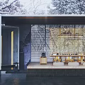 Elegant Modern Tea Room Interior With Courtyard Snowy Scene And Floor-to-Ceiling Windows
