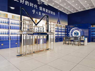 Dream Blue M6 Liquor Specialty Store Interior With Blue Shelves Tables And Chairs 3d model