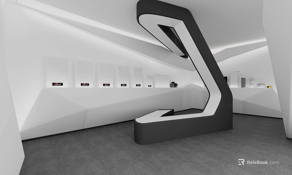 Modern Interior Design Featuring Unique Black White Z Shaped Structure White Walls Built In Cabinets 3d model 