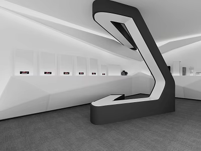 Modern Interior Design Featuring Unique Black White Z Shaped Structure White Walls Built In Cabinets 3d model