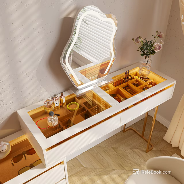 Elegant White Dressing Table with Gold Legs Ornate Mirror Open Drawers and Pink Flower Vase 3d model 