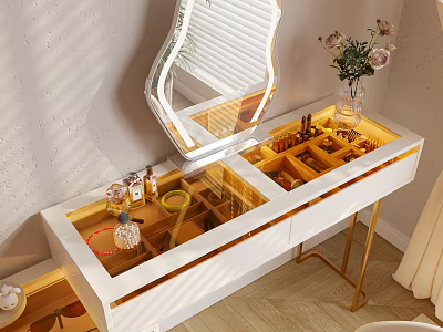 Elegant White Dressing Table with Gold Legs Ornate Mirror Open Drawers and Pink Flower Vase 3d model