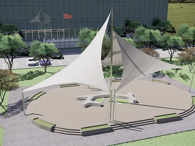 Outdoor Plaza With White Membrane Canopy Modern Building Trees And Red Flag 3d model