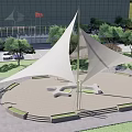 Outdoor Plaza With White Membrane Canopy Modern Building Trees And Red Flag