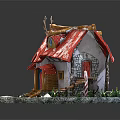 Cartoon Gingerbread House With Red Snow Covered Roof Small Tree Candy Cane And Wooden Steps