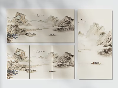 Traditional Chinese Ink Landscape Painting with Misty Mountains Calm Water Small Boat and Flying Birds 3d model