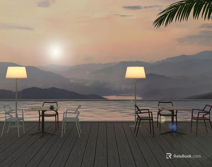 Outdoor Tables on Wooden Deck with Sunset Mountains Lake Chairs Floor Lamps and Palm Leaves 3d model 