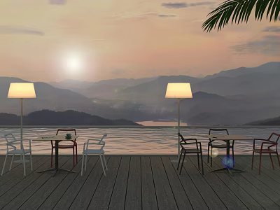 Outdoor Tables on Wooden Deck with Sunset Mountains Lake Chairs Floor Lamps and Palm Leaves 3d model