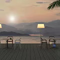 Outdoor Tables on Wooden Deck with Sunset Mountains Lake Chairs Floor Lamps and Palm Leaves