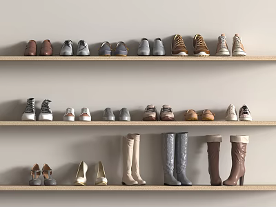 Various Styles Of Shoes Arranged Neatly On Multiple Wooden Shelves 3d model