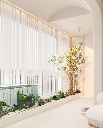 Home Balcony Design With White Vertical Blinds Green Plants And Natural Light 3d model