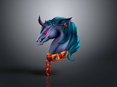 Magical Creature Character With Blue Mane Red Eyes Orange Collar Green Gems And Chain 3d model