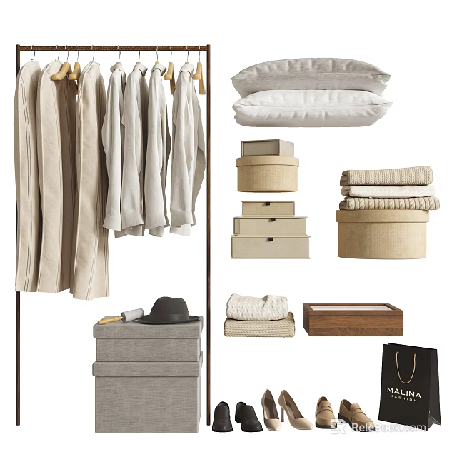 Organized Clothes Collection With Hanging Folded Pieces Storage Boxes Hat Bag And Shoes 3d model 