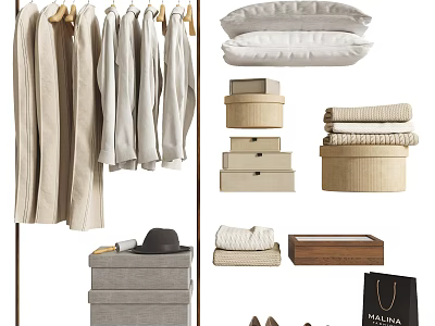 Organized Clothes Collection With Hanging Folded Pieces Storage Boxes Hat Bag And Shoes 3d model