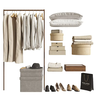 Organized Clothes Collection With Hanging Folded Pieces Storage Boxes Hat Bag And Shoes 3d model