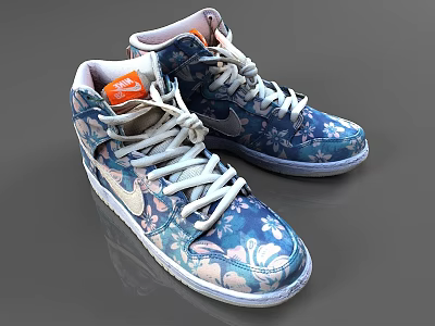 Blue And White High Top Shoes With Floral Pattern White Laces And Orange Tongue Label 3d model