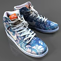 Blue And White High Top Shoes With Floral Pattern White Laces And Orange Tongue Label