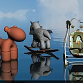 Orange Cartoon Children's Chair With Rocking Horse And Baby Swing By Water Reflection