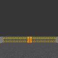 Urban Entrance Gate With Transparent Glass Pavilions Yellow Barriers Surrounding Trees And Distant Tall Buildings