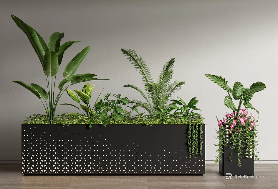 Black Flower Bed With Perforated Dot Design Green Plants and Flower Pot Pink Flowers 3d model 