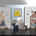 Kids Desk In Blue White Children's Room With Star Cloud Decals And Storage Cabinets