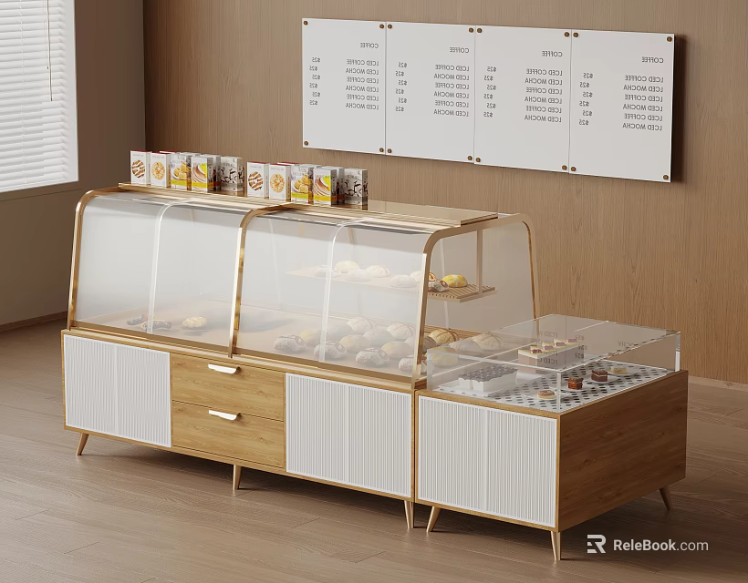 Wooden Display Cabinet With Transparent Glass Cover For Pastries And White Panels With Menu Board 3d model 