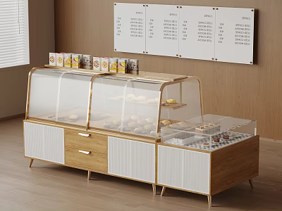 Wooden Display Cabinet With Transparent Glass Cover For Pastries And White Panels With Menu Board 3d model
