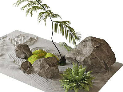 Zen Sand Garden With Rocks Moss Ferns And Palm Plant 3d model