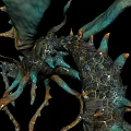 Mythical Flying Creature with Blue and Brown Wings Spiked Tail and Claws on Dark Background