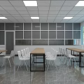Spacious Modern Classroom Interior With Long Tables White Chairs Windows And Ceiling Lights 3d model