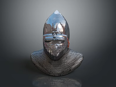 Medieval Metal Helmet with Face Mask and Chainmail Base Shiny Silver Finish on Gray Background 3d model