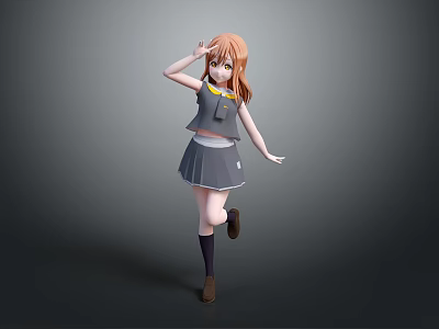 Anime Style Game Movie Character Red Haired Girl In Gray School Uniform Dancing Pose 3d model