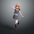 Anime Style Game Movie Character Red Haired Girl In Gray School Uniform Dancing Pose