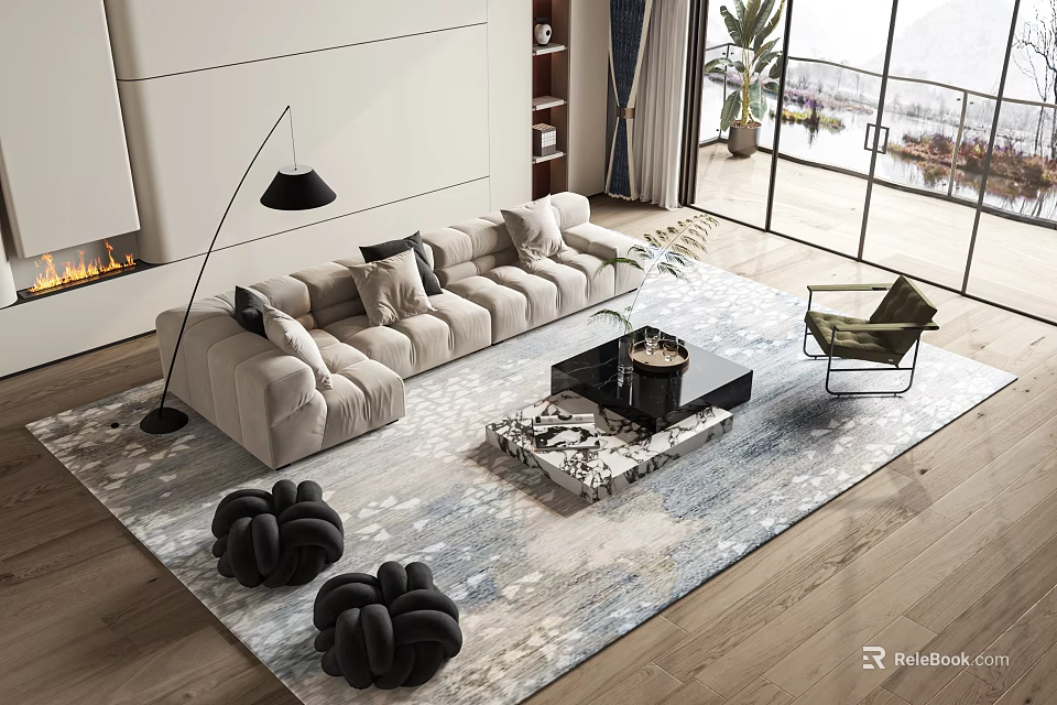 Modern Sofa And Coffee Table Set With Stylish Rug Armchair And Floor To Ceiling Windows 3d model 