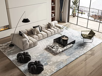 Modern Sofa And Coffee Table Set With Stylish Rug Armchair And Floor To Ceiling Windows 3d model